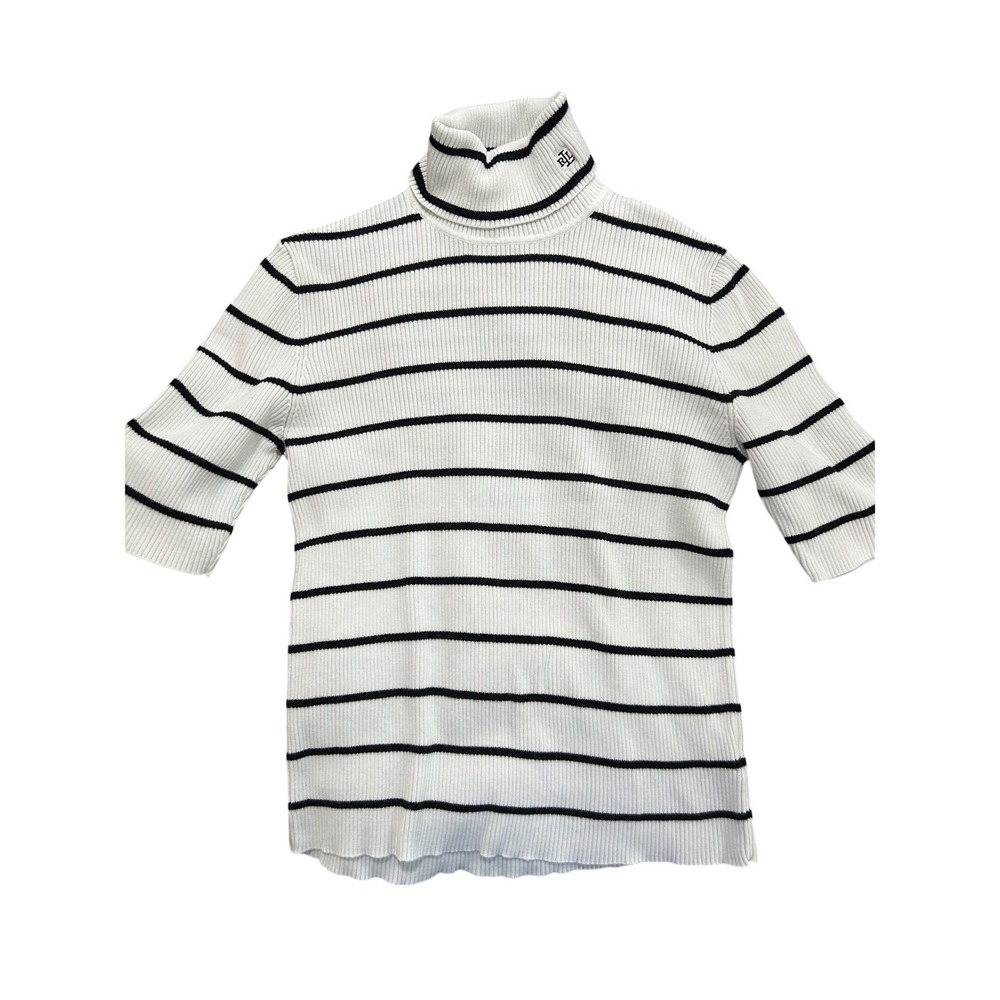 Lauren Ralph Lauren White Navy Striped Ribbed Short Sleeve Turtleneck Sweater - Picture 2 of 3